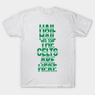 Hail Hail The Celts Are Here, Glasgow Celtic Football Club Green and White Striped Text Design T-Shirt